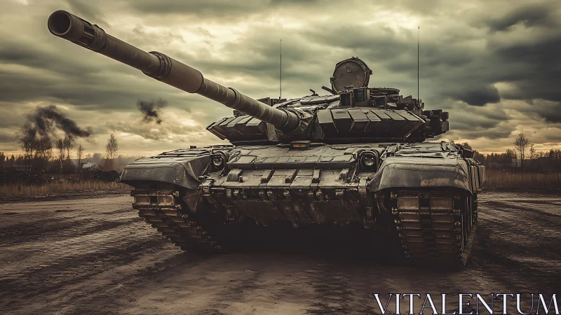 Main battle tank frontal view under storm-laden sky at dusk.