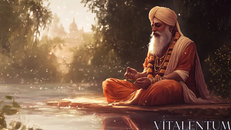 Meditative sage beside river in warm golden twilight.