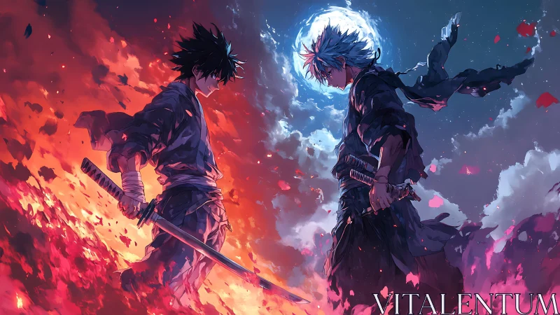 Bifurcated elemental duel of sword-wielding warriors under moonlight.