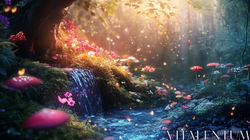 Enchanted forest creek with glowing fairy lights and fungi.