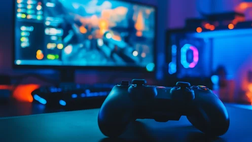 Gaming controller rests before neon-lit immersive PC setup