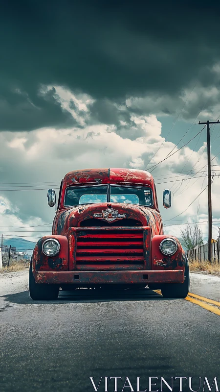 Rust-kissed red truck rumbles defiantly beneath storm clouds