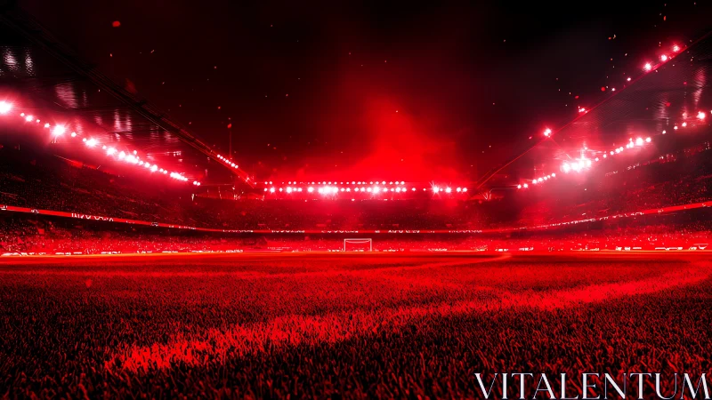 Floodlit red football stadium under intense night sky.