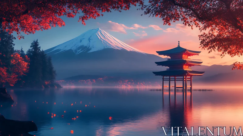 Crimson leaves cradle a lakeside pagoda before snowcapped peak