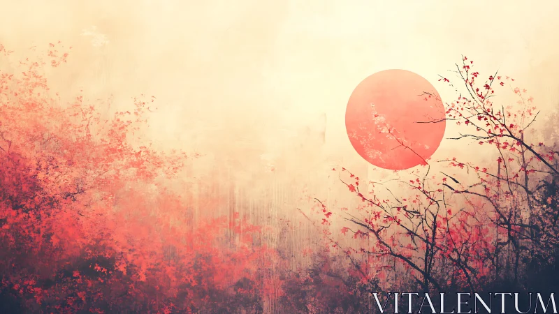 Crimson sun rises over misty abstract autumn forest painting.