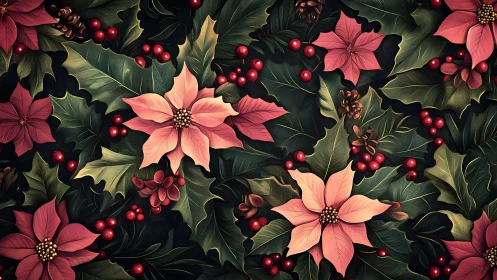Holiday poinsettias dance through evergreen holly dreams.