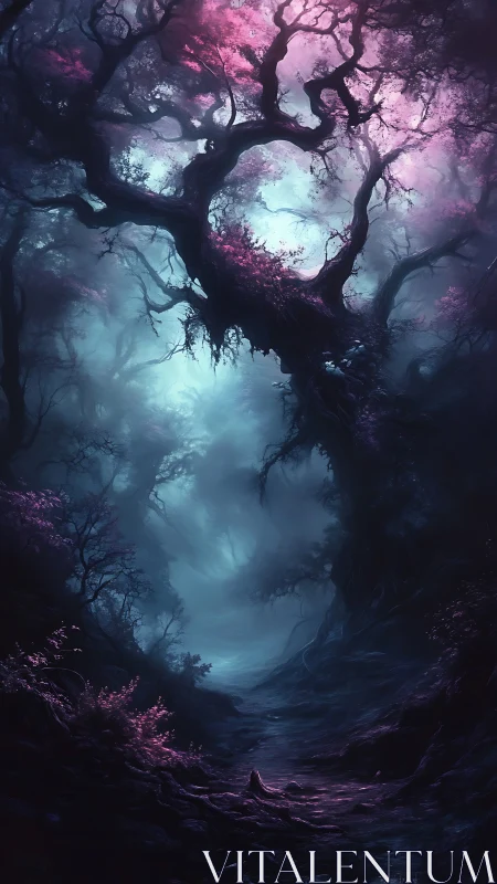 Moonlit spellwood path under violet-blooming elder trees.