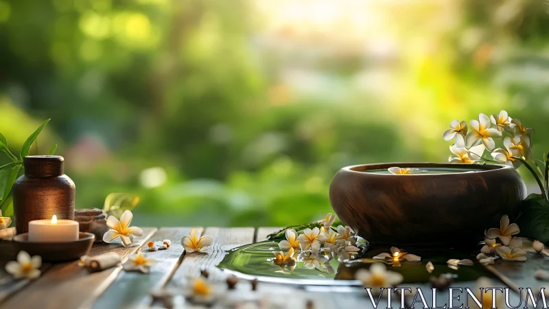 Garden spa still life with plumeria blooms and soft candlelight.