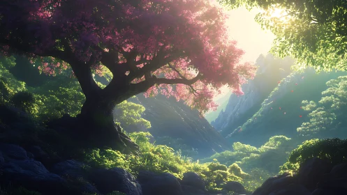 Radiant blossom tree crowning a mistlit mountain valley.