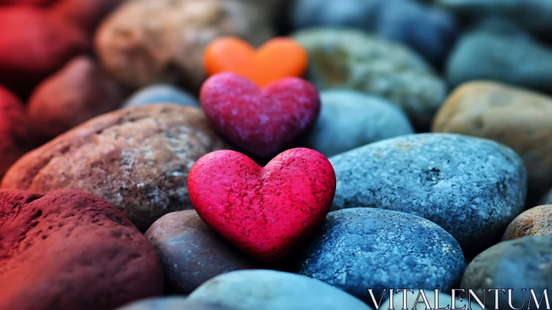 Colored Heart Stones Arranged Against Boulder Composition.