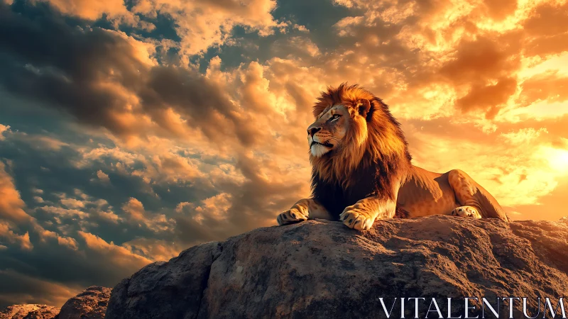 Majestic lion rests on sunlit rocky ledge at sunset.