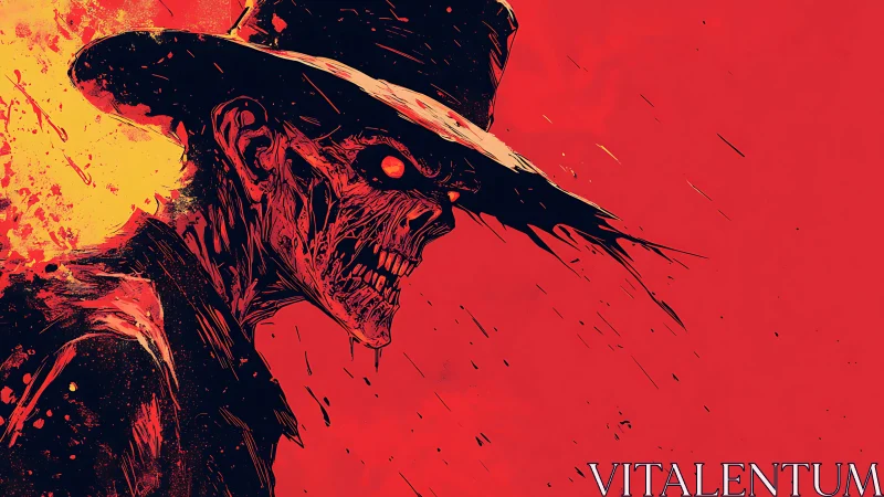 Skeletal figure in wide-brim hat on red abstract field.