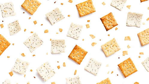 Crispy and Creamy Crackers Scattered on White.
