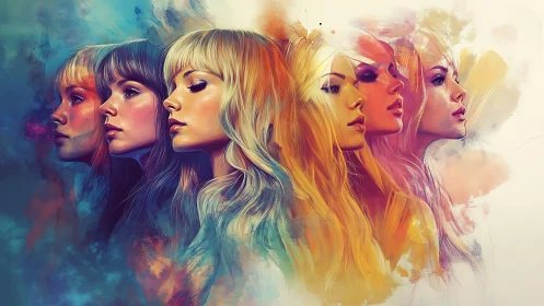 Multiple female profiles rendered in layered digital colors