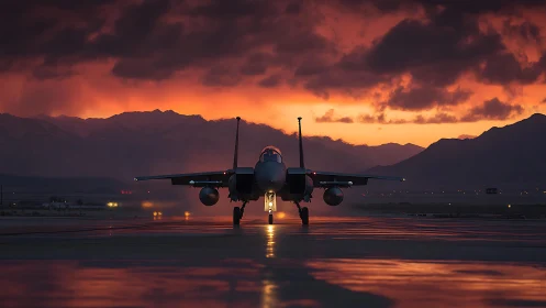 Jet fighter on wet runway under dramatic sunset sky.