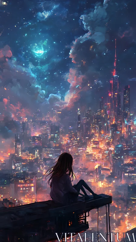 Girl on skyline ledge gazes at luminous cosmic city night.
