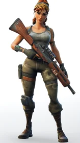 Female game soldier in tactical gear holding rifle.