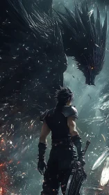 Lone warrior confronts colossal shadow dragon in storm of embers