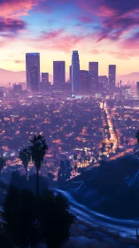 Digital painting of neon dusk skyline with layered city grid.