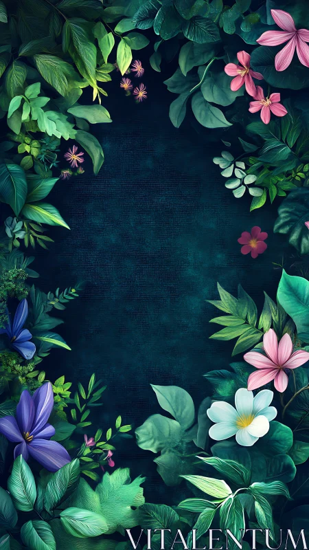 Dark Botanical Frame: Layered Floral Composition with Luminous Centerfield.