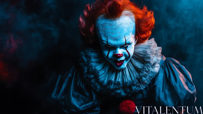 Sinister horror clown lunges forward through blue red fog