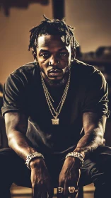 Moody portrait of stylish man in gold chains indoors.