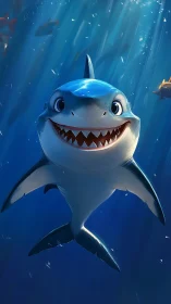 Smiling cartoon shark swimming in bright blue ocean.