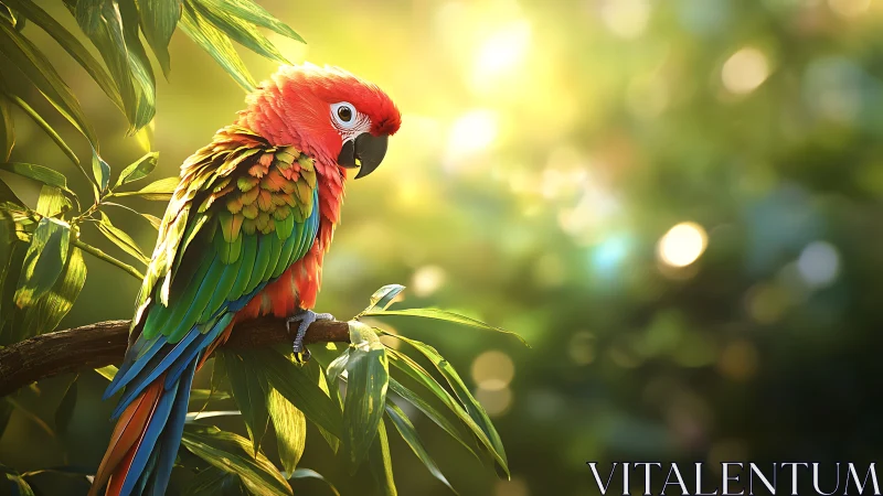 Vibrant Scarlet Macaw on Tree Branch in Sunlit Jungle Scene.