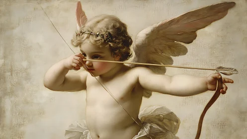 Classical cupid angel aiming bow and arrow in soft light.