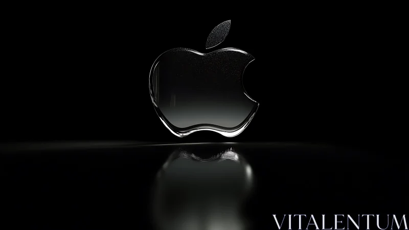 Glass-rendered apple emblem floats above glossy dark plane