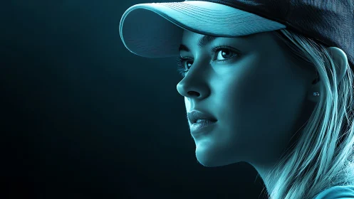 Side-lit woman in cap gazes ahead in cool cyan light.