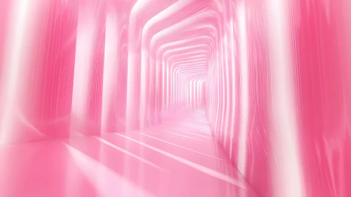 Futuristic pink tunnel with glowing light reflections, abstract design.