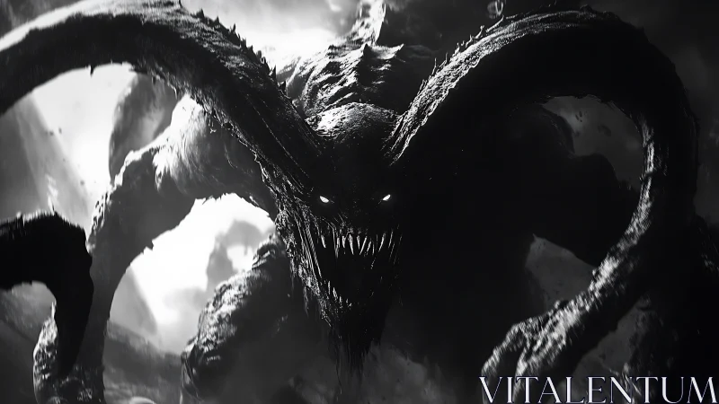 Nightmarish shadow beast emerging from swirling darkness.