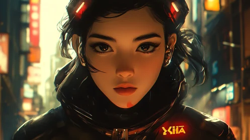Cyberpunk woman in neon city street, intense close portrait.