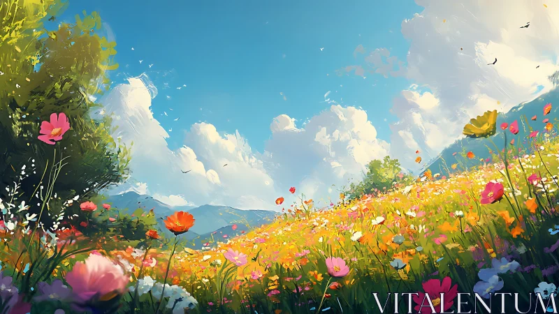 Sunlit wildflower meadow under expansive summer sky.