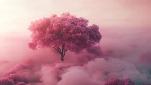 Dreamy pink tree rising gently above soft cloud mist.