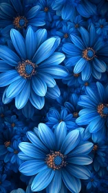 Blue daisies bloom in lush cluster with detailed petals and warm centers.