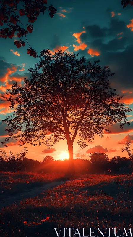 Sunset carves a glowing halo through the solitary field tree