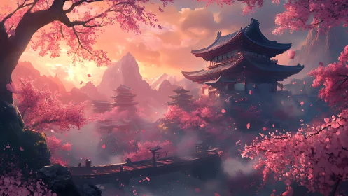 Blossom-drenched mountain temple dreaming in sunset mist.