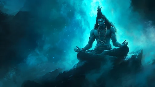 Serene blue deity meditating in glowing cosmic mist.
