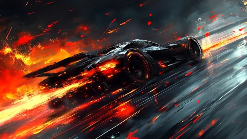Futuristic hypercar accelerates through fiery motion-blur streaks
