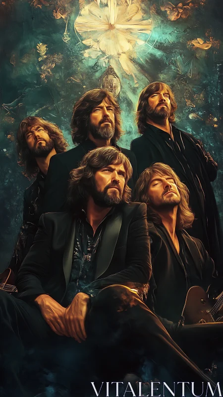 Multiple male portraits in stylized teal and gold setting.