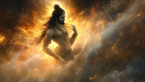 Mythic male figure in luminous cosmic cloud field.