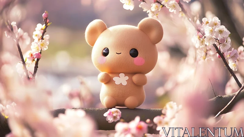 Cute plush bear smiles among dreamy cherry blossoms.