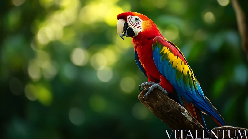Vibrant Scarlet Macaw on Branch in Sunlit Forest Photography.