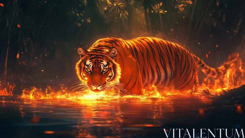 Firelit tiger strides through blazing river at night.