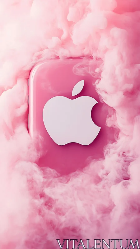 Pink smartphone with white logo is surrounded by dense vapor