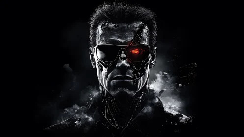 Cybernetic warrior portrait merges human profile with machine core