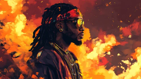 Portrait Study of Male Figure with Rendered Fire Environment and Digital Illumination Effects