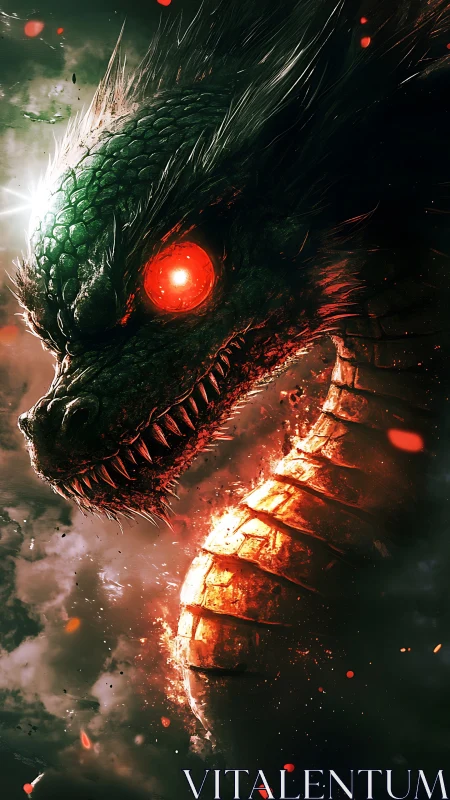 Dragon head with glowing red eye emerges from burning smoke